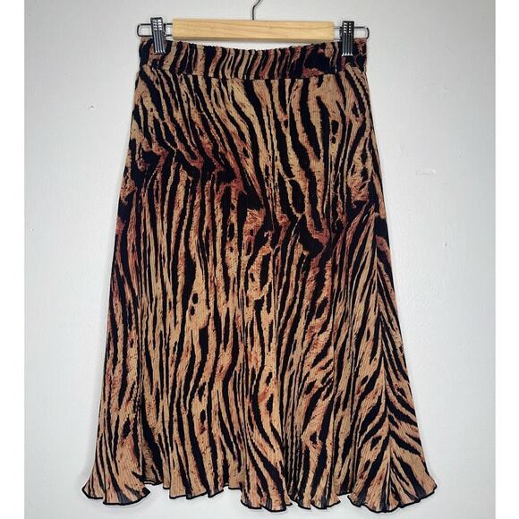 Ganni Animal Print Midi Skirt Black/Orange Tan Elastic Waist Size 34 Small - Picture 2 of 7